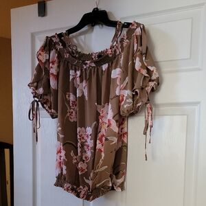 New York & Company Brown Smocked Ruffled Blouse